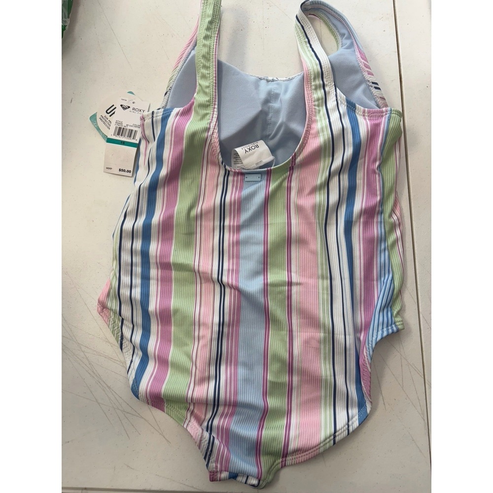 Roxy Girls One Piece Swimsuit Size 16 UPF 50+ Pastel Striped Beach Pool NWT